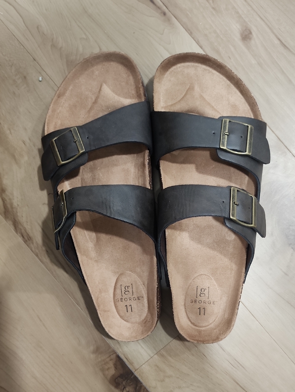 George Double Buckle Slide Sandals in Dark Brown and Tan